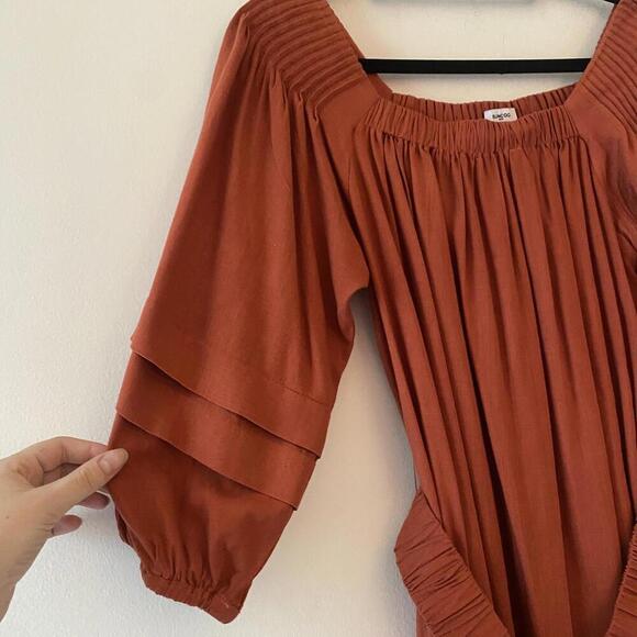 SUNCOO burnt orange long sleeve belted peasant dress - Picture 3 of 8